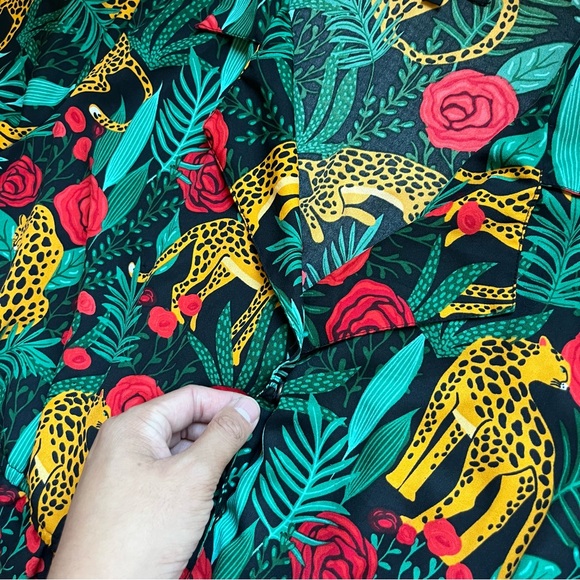 AMERICA & BEYOND black green tropical jungle animal leopard floral wide leg - Picture 4 of 7